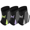 Three black compression ankle support foot sleeves with purple and lime green accents.