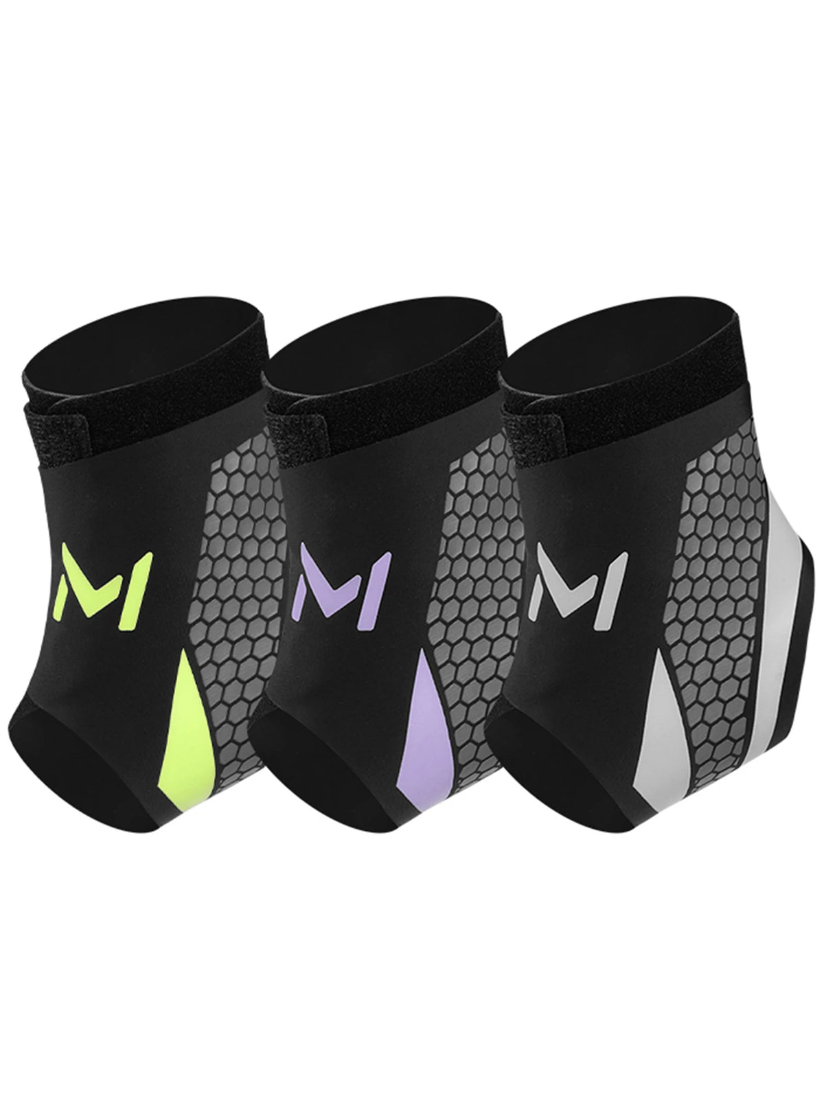 Three black compression ankle support foot sleeves with purple and lime green accents.