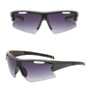A pair of dark gray sport sunglasses with black frames and purple mirrored lenses.
