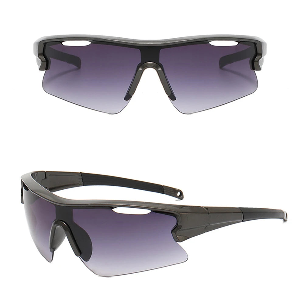 A pair of dark gray sport sunglasses with black frames and purple mirrored lenses.