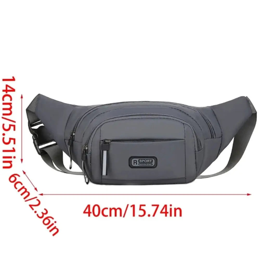 A gray durable nylon waist bag for men shown with dimensions.