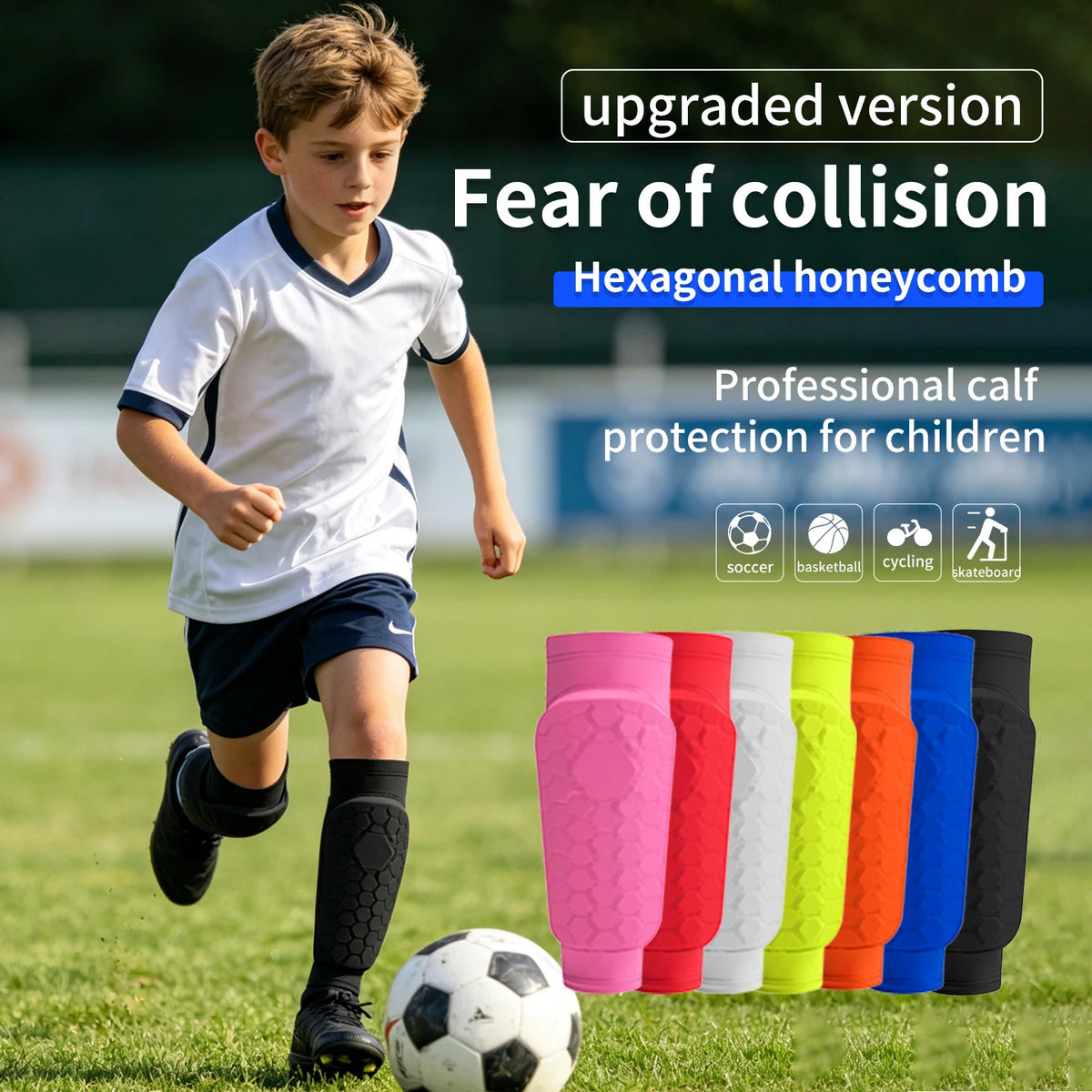 A boy is running on a field with hexagonal honeycombed calf protection shin guards and a soccer ball visible.