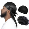 Black silky durag pirate headband worn by a man, shown with separate pieces.
