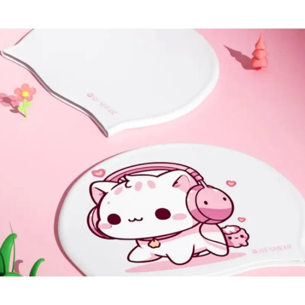 A pink swimming cap featuring a cute cartoon cat with headphones printed on it.