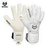 A pair of white and beige high-performance goalkeeper gloves with finger protection shown against a white background.