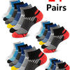 A collection of 24 pairs of athletic knit ankle socks in various colors and patterns.