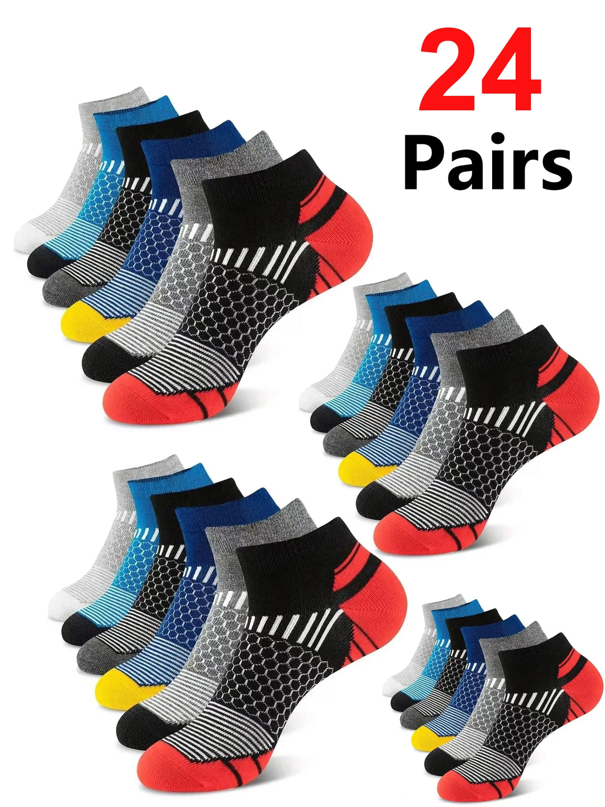 A collection of 24 pairs of athletic knit ankle socks in various colors and patterns.