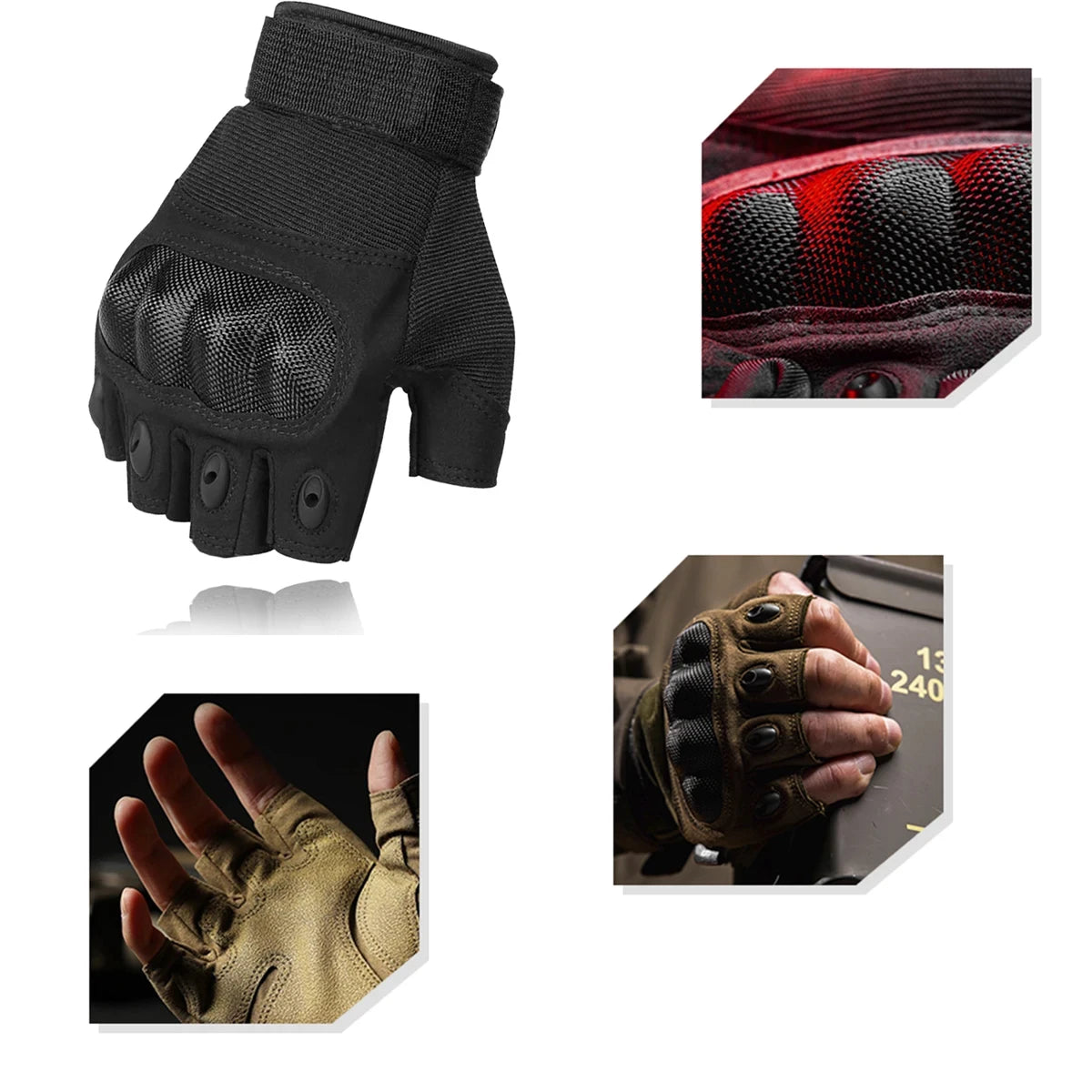 A pair of black tactical fingerless gloves shown in various close-up angles.
