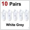 Ten pairs of white grey premium breathable men's running socks displayed side by side.