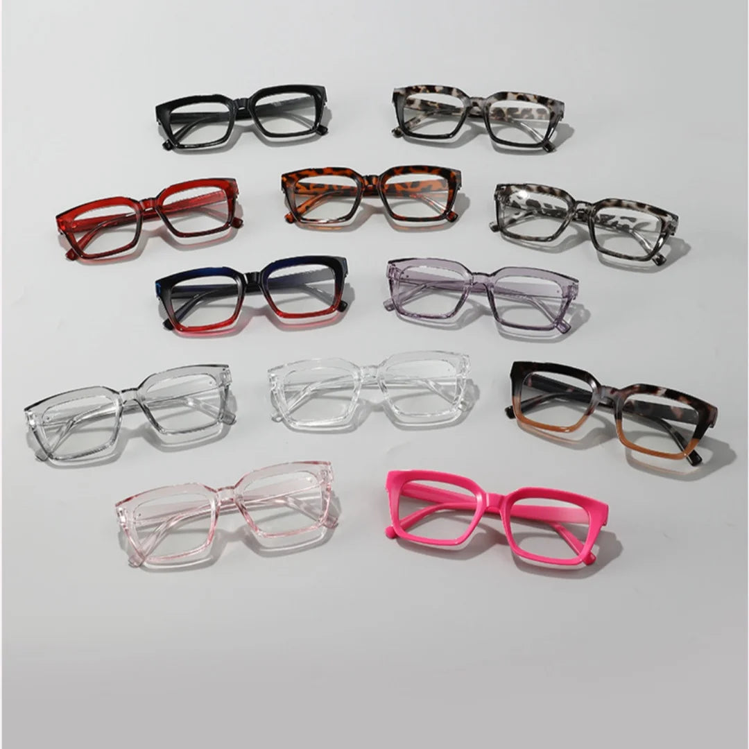 A collection of various square anti-blue light eyewear frames in different colors and styles.