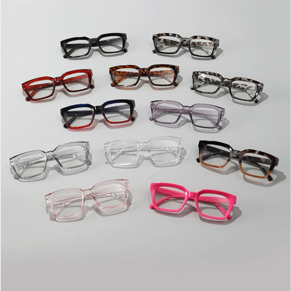 Collection de montures de lunettes anti-lumière bleue carrées de différentes couleurs et styles.