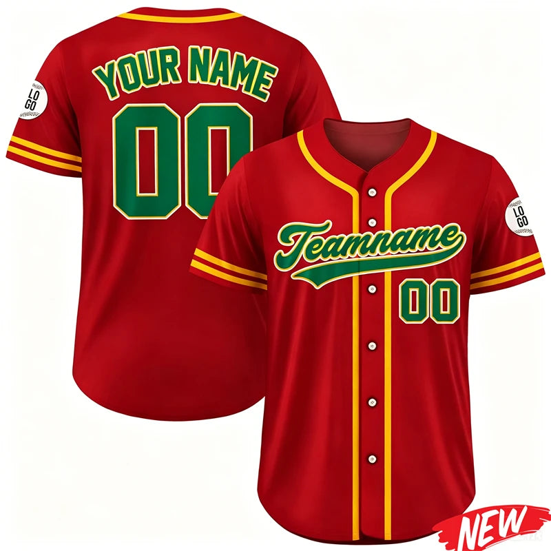 A red men's baseball jersey with green lettering and numbers on the back and front.
