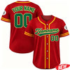 A red men's baseball jersey with green lettering and numbers on the back and front.