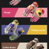 A collection of trendy color blocking motorcycle riding gloves in shades including mint powder, rouge, twilight purple, coffe