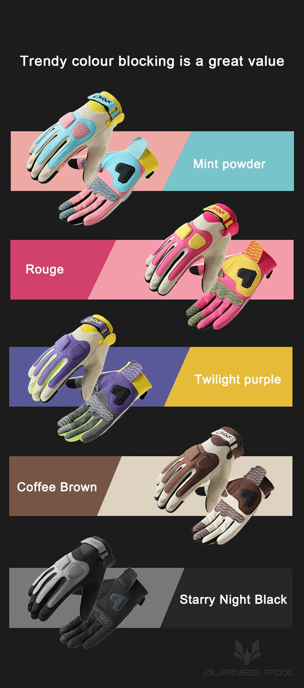 A collection of trendy color blocking motorcycle riding gloves in shades including mint powder, rouge, twilight purple, coffe