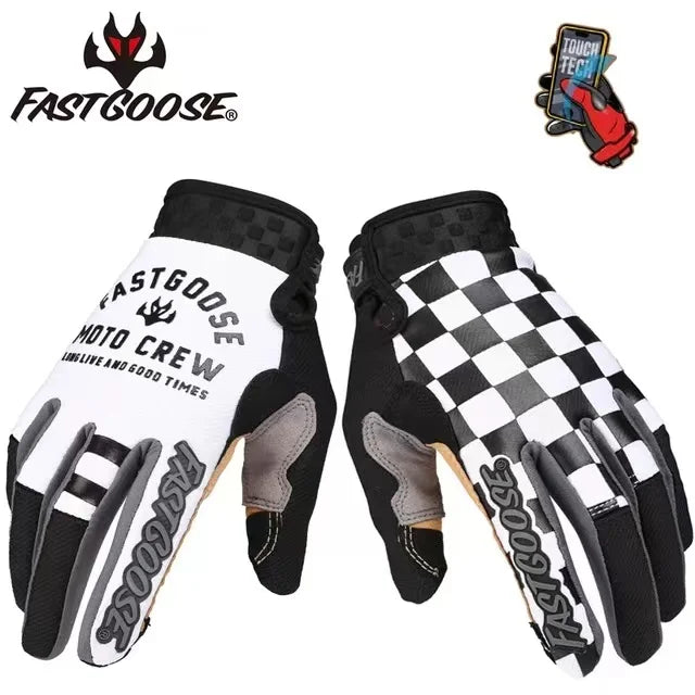 A pair of black and white FastGoose full-finger motocross and off-road cycling gloves are displayed.