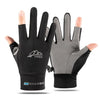 A pair of black and gray summer ice silk sun protection gloves shown on a hand.