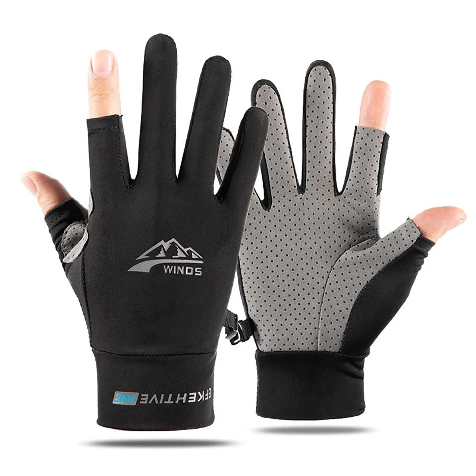 A pair of black and gray summer ice silk sun protection gloves shown on a hand.