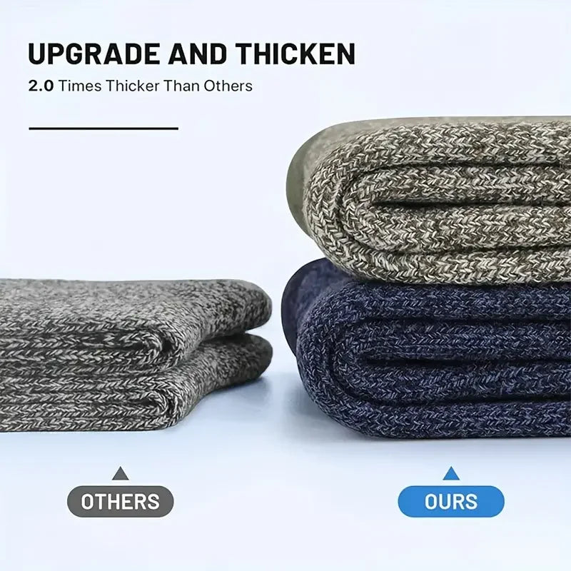 A stack of thick, textured merino wool hiking socks shown next to a comparison indicating they are 2.0 times thicker than oth