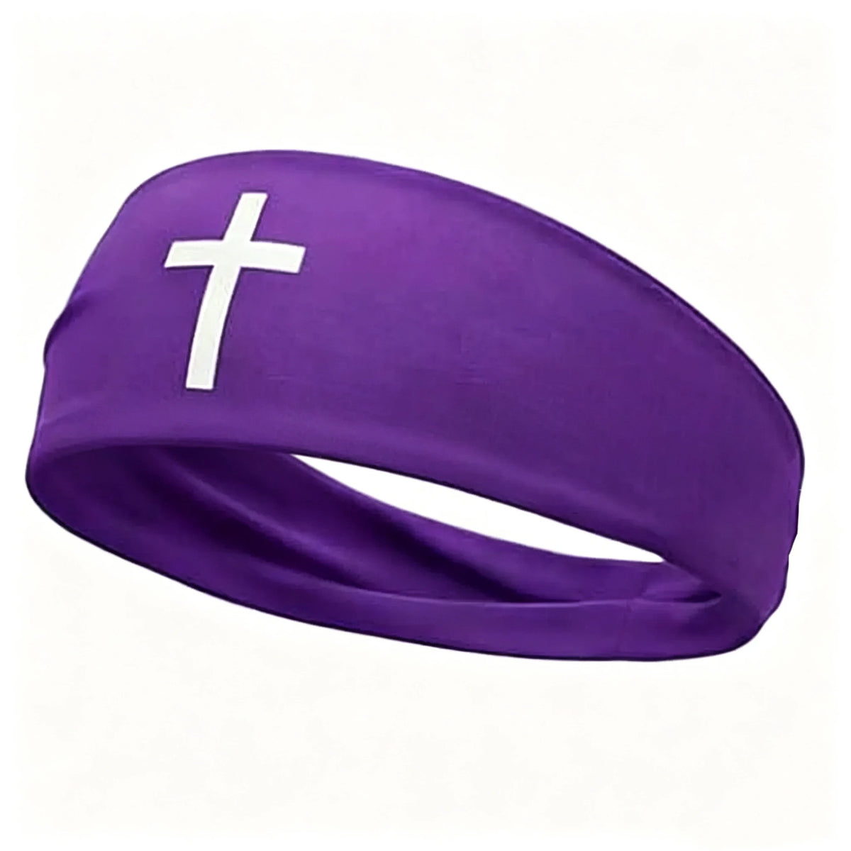 Purple athletic sweat headband with a white cross design