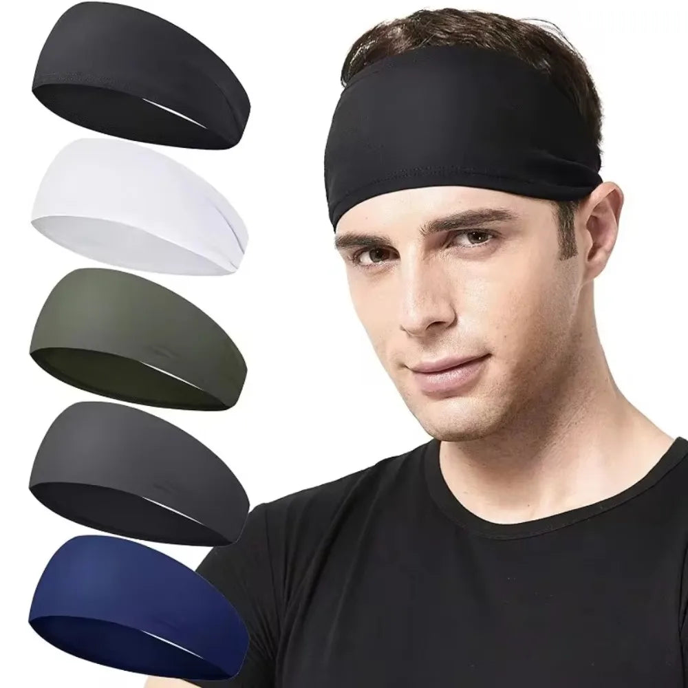 A man wearing a black elastic sports headband, with various color options displayed beside him.