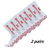 Two pairs of white football socks with red text and grip patterns