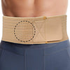Beige unterstützender Bauchherniengürtel, getragen um die Taille einer Person.
