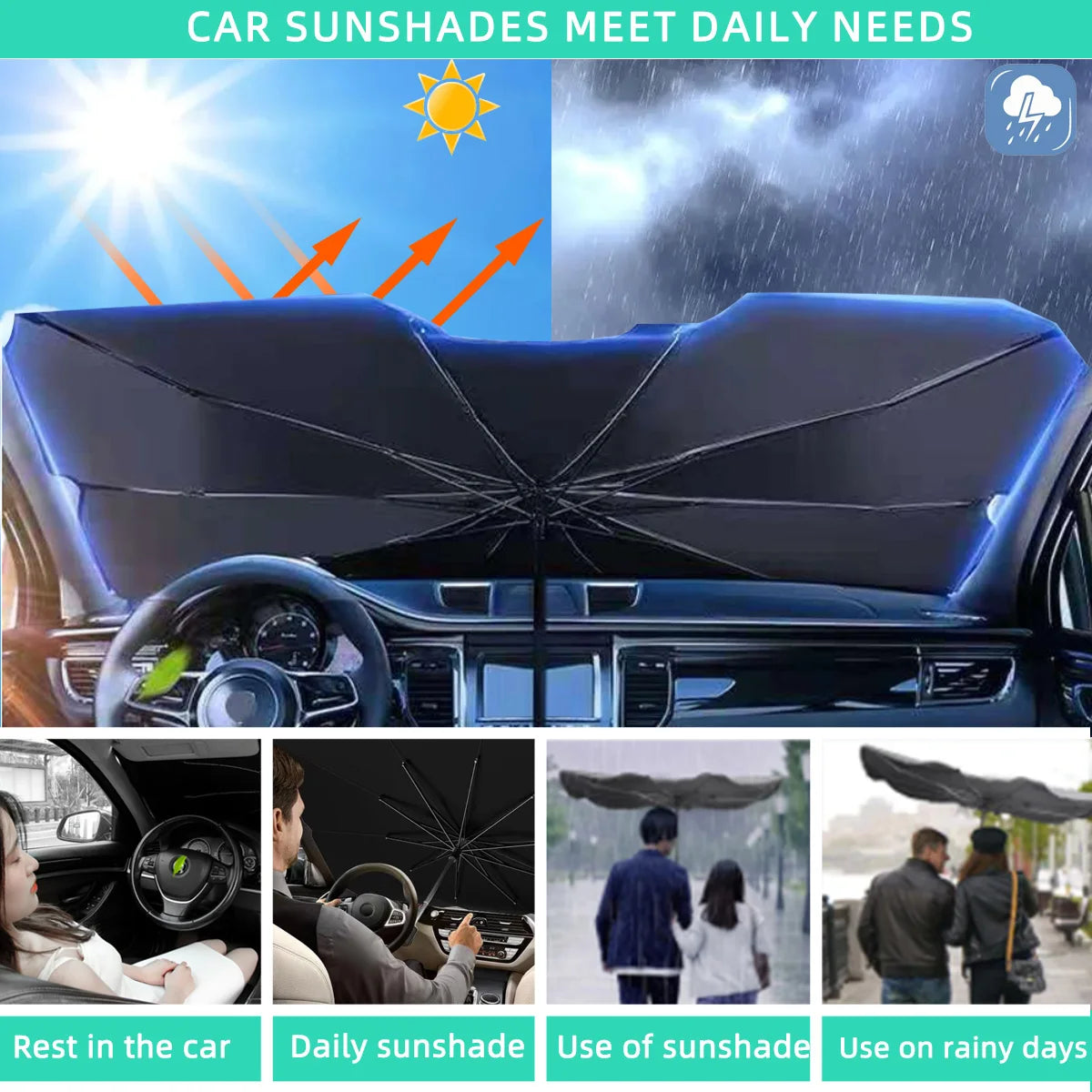 Ein Auto-Windschutzscheibe ist mit einer dunklen, ausziehbaren Sonnenblende zum Schutz vor Sonne und Regen bedeckt.