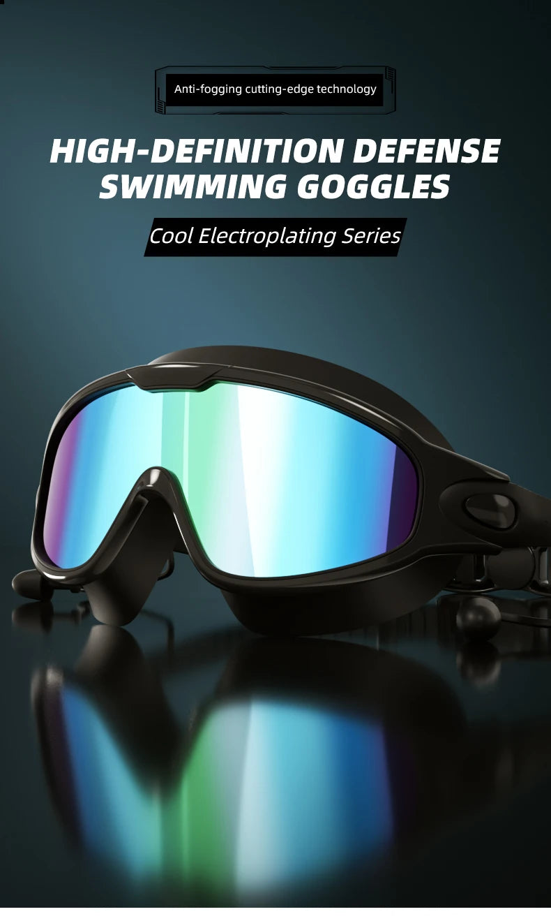 A pair of black swimming goggles with a reflective blue lens resting on a dark surface.