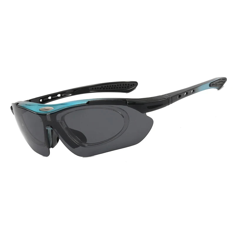A pair of dark gray polarized sunglasses with black frames and a blue accent.