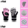 A pair of pink and black silicone anti-slip hand gloves for weightlifting and crossfit.