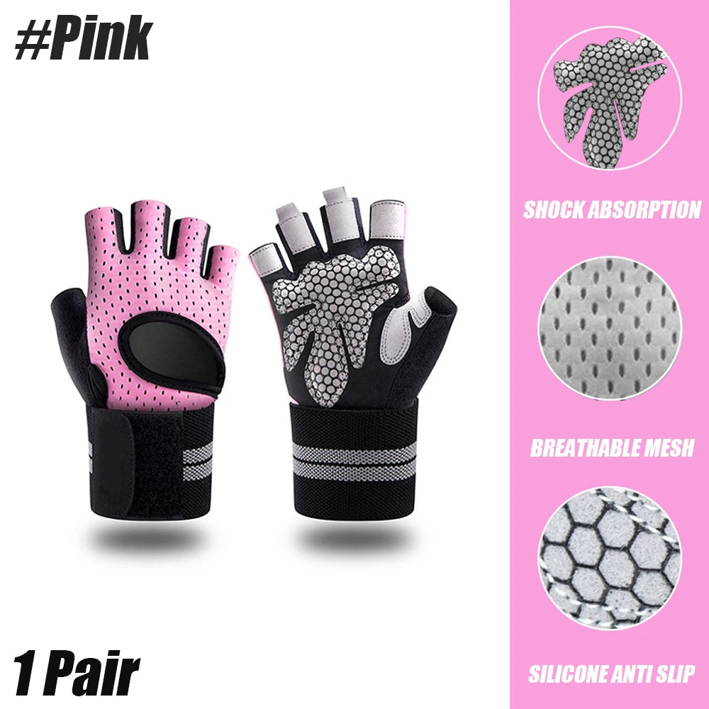 A pair of pink and black silicone anti-slip hand gloves for weightlifting and crossfit.