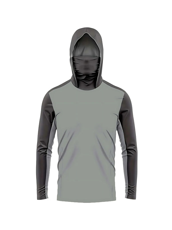 A gray long-sleeve shirt with a hood, shown from the front.