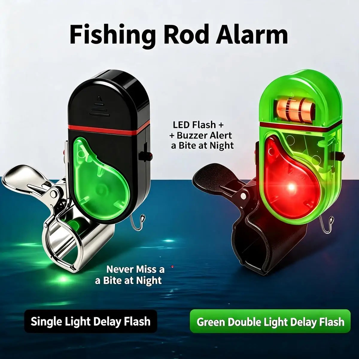 Two clip-on fishing rod alarms, one black and one green, featuring LED flash and buzzer alert for bites at night.