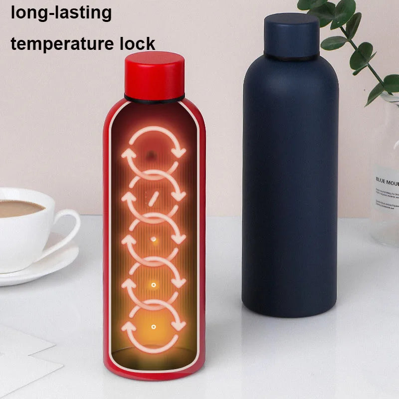 A dark blue insulated thermos bottle with a red cap, demonstrating long-lasting temperature lock.