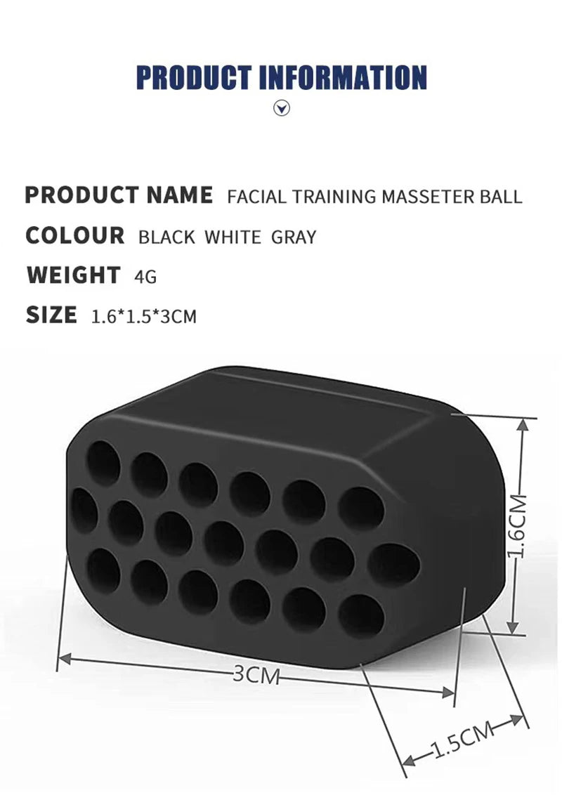 Black silicone facial training masseter ball with holes, shown from the side.