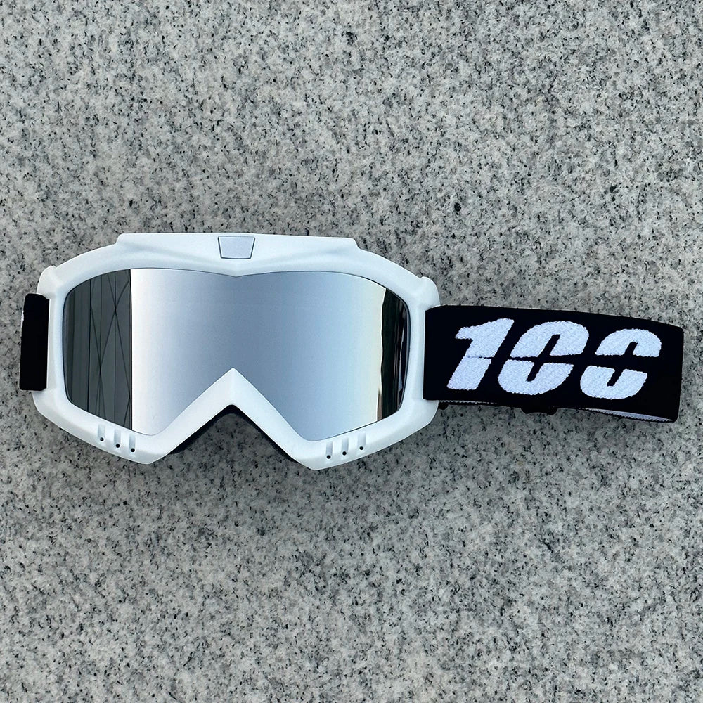 White sports goggles with a black strap featuring the text 10C