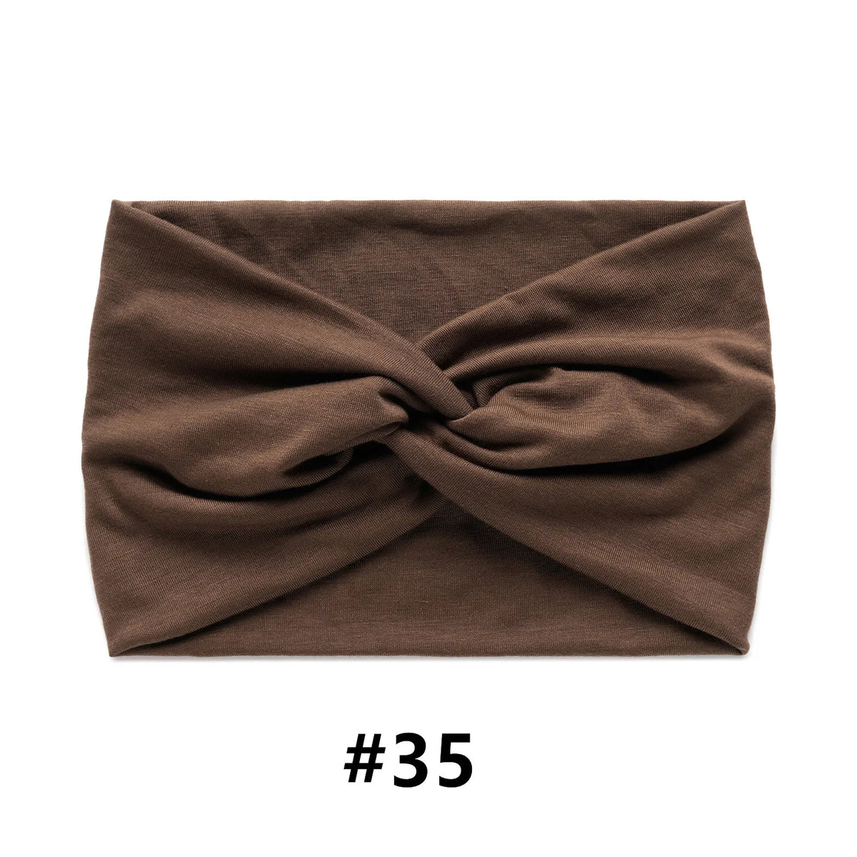 A dark brown fabric headband tied in a knot, shown flat lay.
