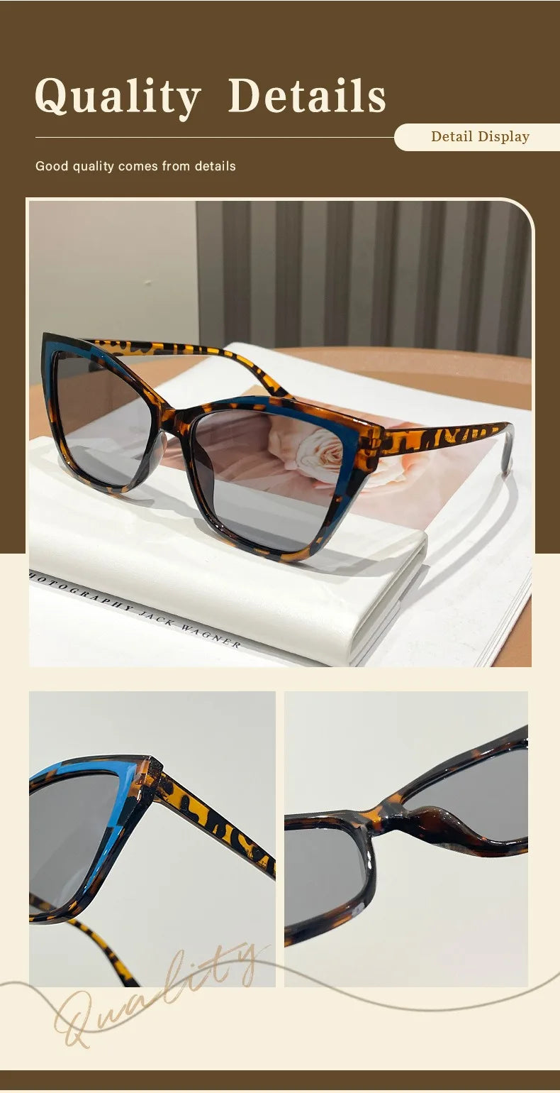 A pair of tortoiseshell-patterned square cat eye sunglasses displayed on a white book.