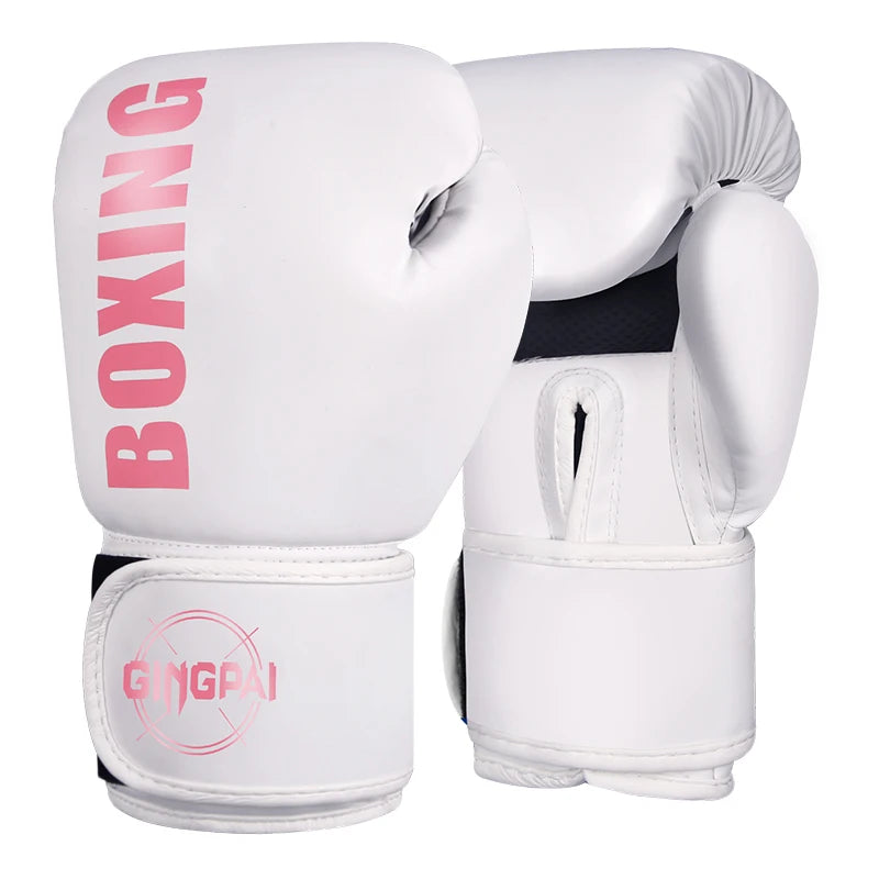 A pair of white boxing gloves with pink lettering on the wrist strap.