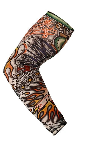 A close-up of a long seamless tattoo sleeve featuring intricate orange, black, and gray tribal designs on skin.