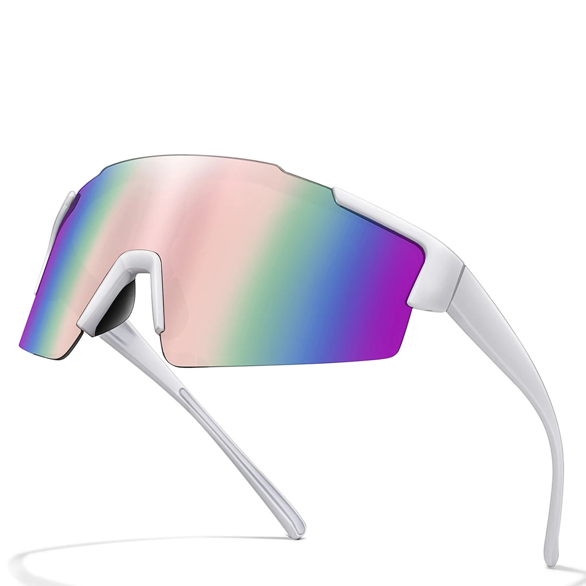 A pair of white cycling sunglasses with a gradient lens featuring pink, purple, and green hues.