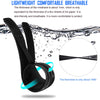 Black lightweight breathable wrist support brace shown submerged in water with a magnified view of its thinness