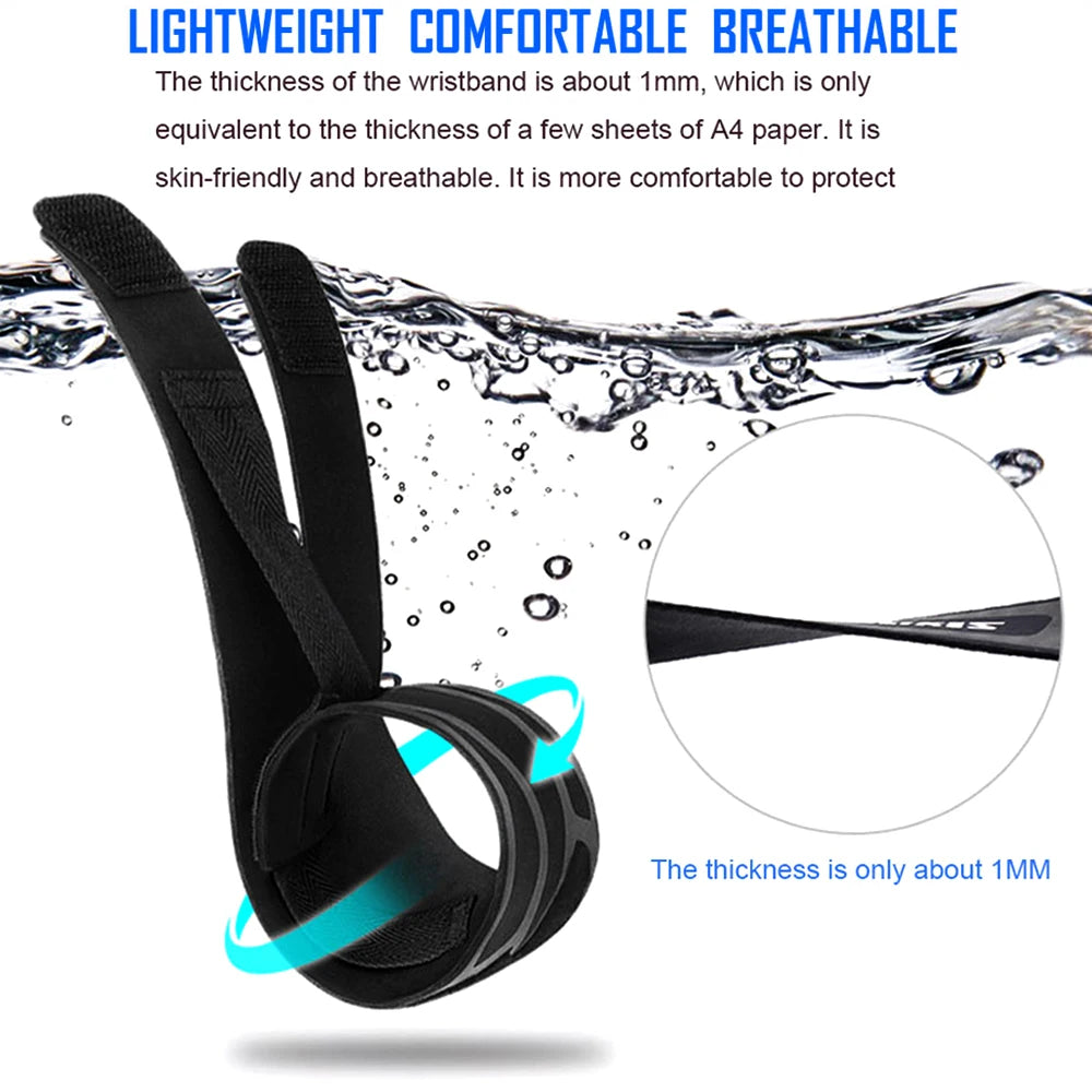 Black lightweight breathable wrist support brace shown submerged in water with a magnified view of its thinness