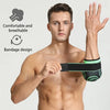 A male model demonstrates a black and green bandage design elbow protector sleeve on his forearm.