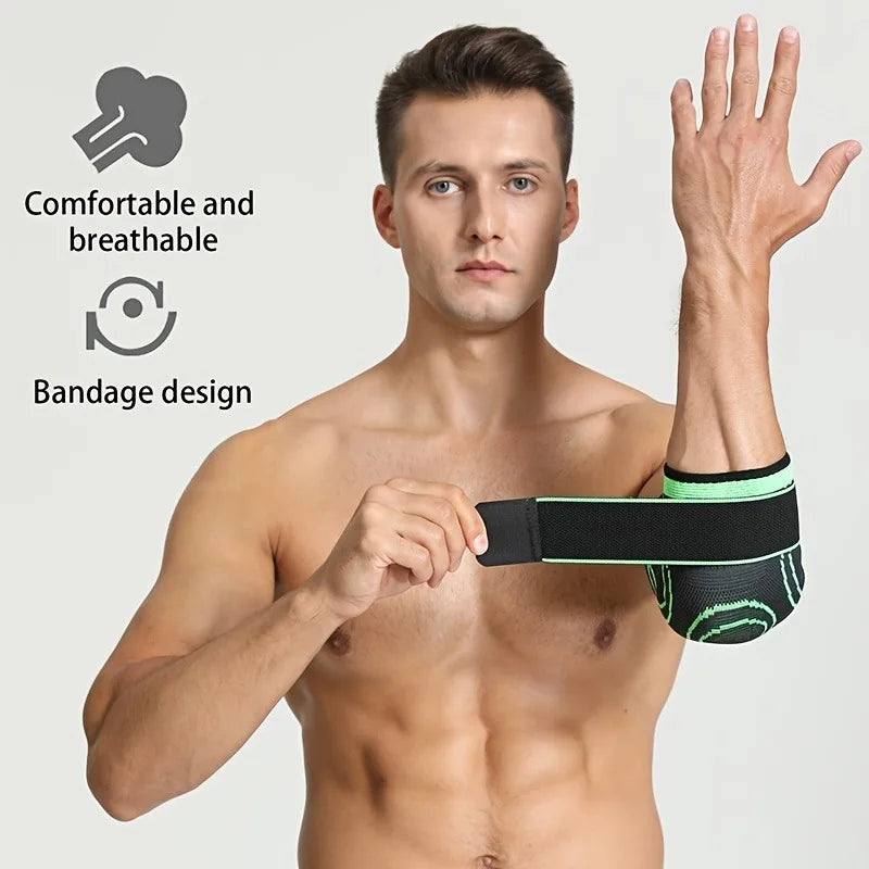 A male model demonstrates a black and green bandage design elbow protector sleeve on his forearm.