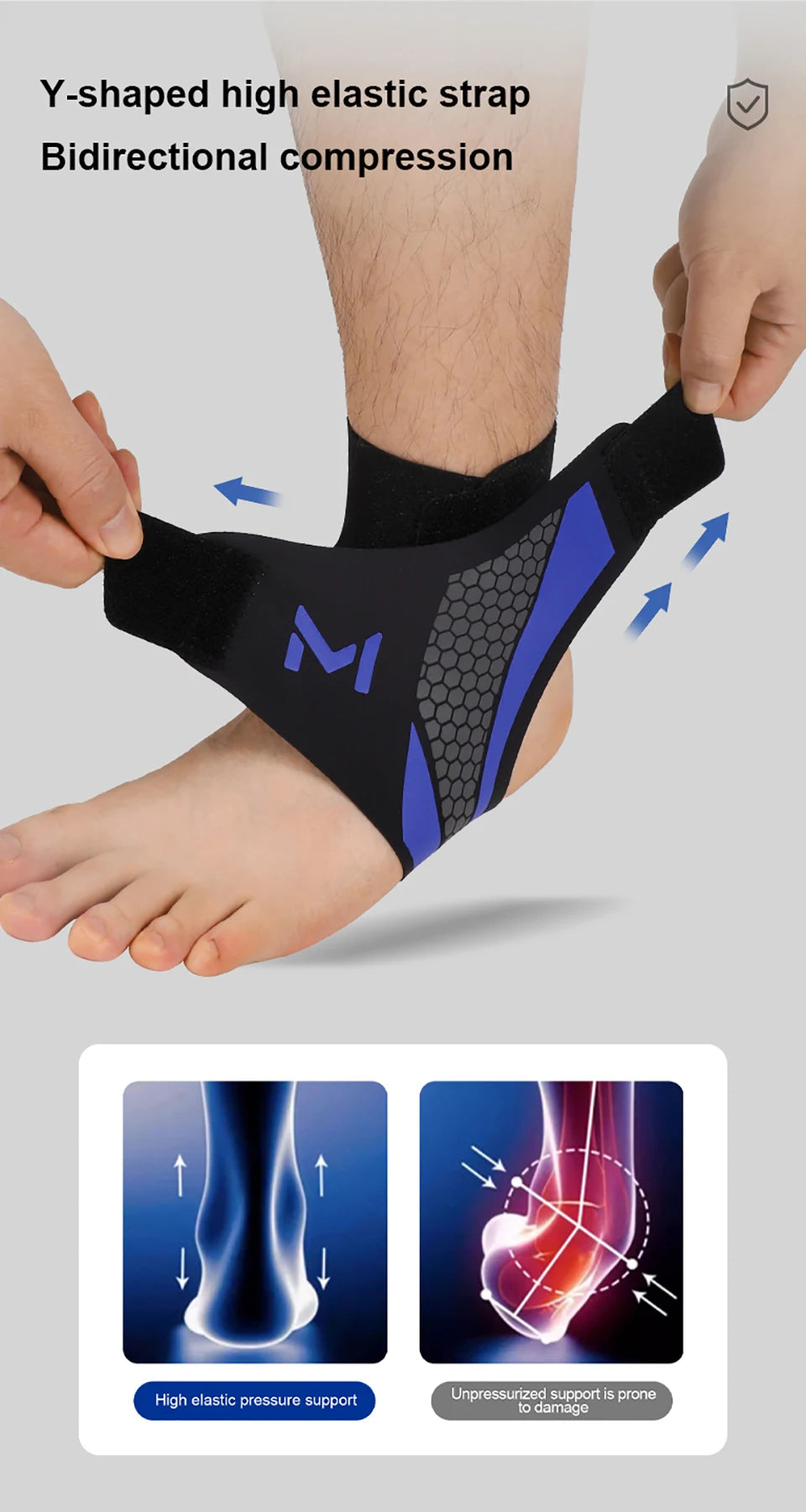 Y-förmiges, hochelastisches Bandage am Knöchel zur bidirektionalen Kompression und Unterstützung.