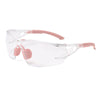 Clear safety goggles with pink adjustable arms and silicone nose pads