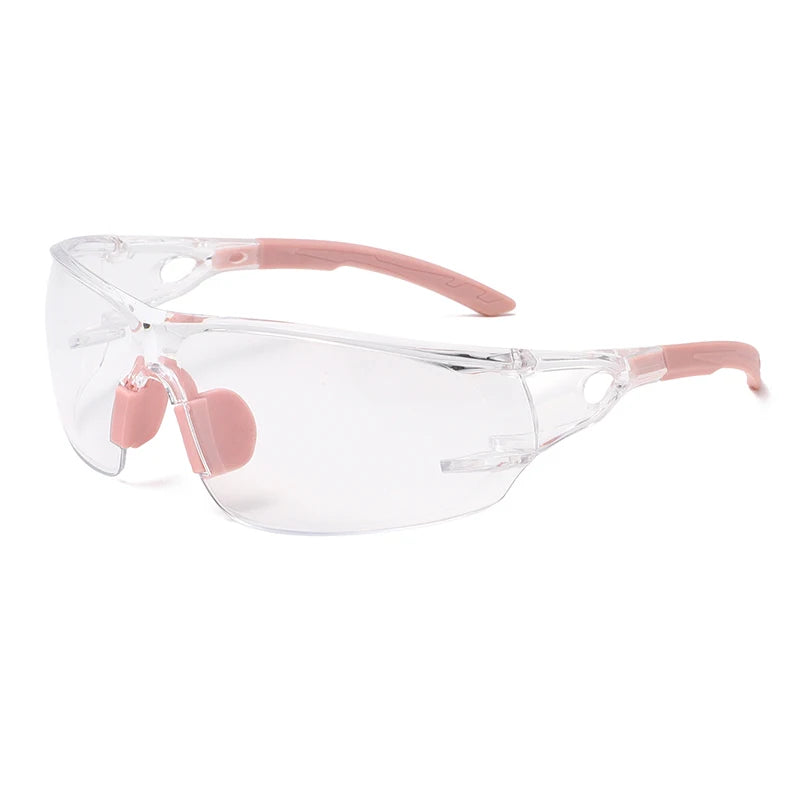 Clear safety goggles with pink adjustable arms and silicone nose pads