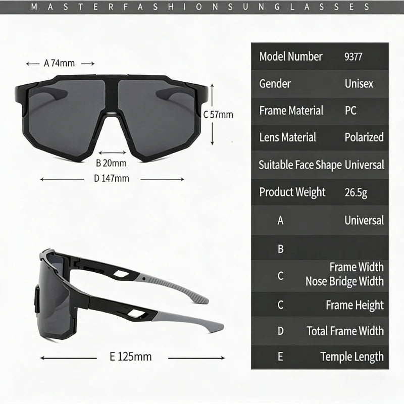Diagramm mit den Abmessungen und Merkmalen einer schwarzen, polarisierten Sonnenbrille.